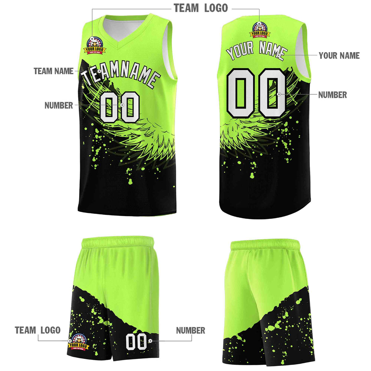 Custom Black Fluorescent Green Wing Pattern Sports Uniform Basketball Jersey