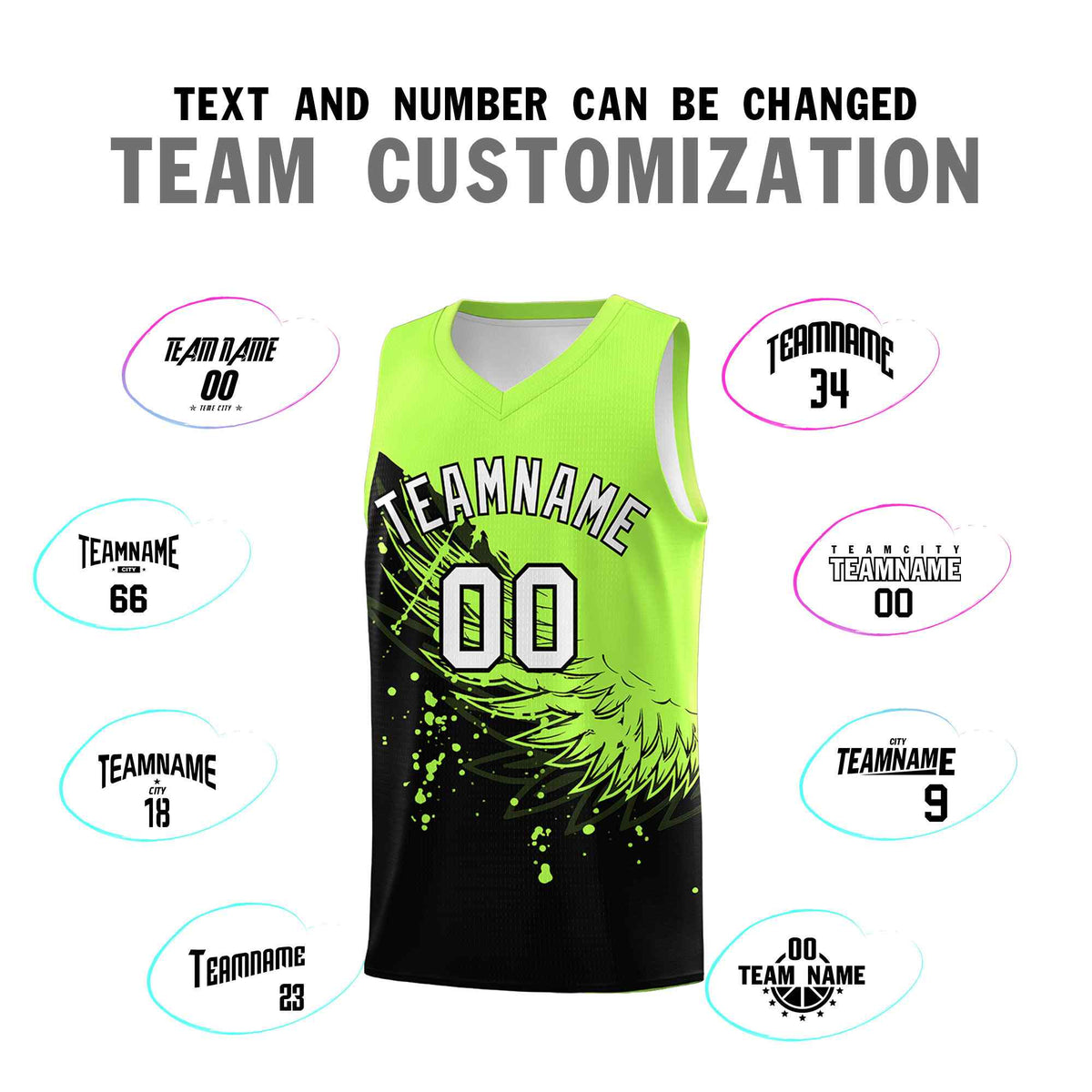 Custom Black Fluorescent Green Wing Pattern Sports Uniform Basketball Jersey