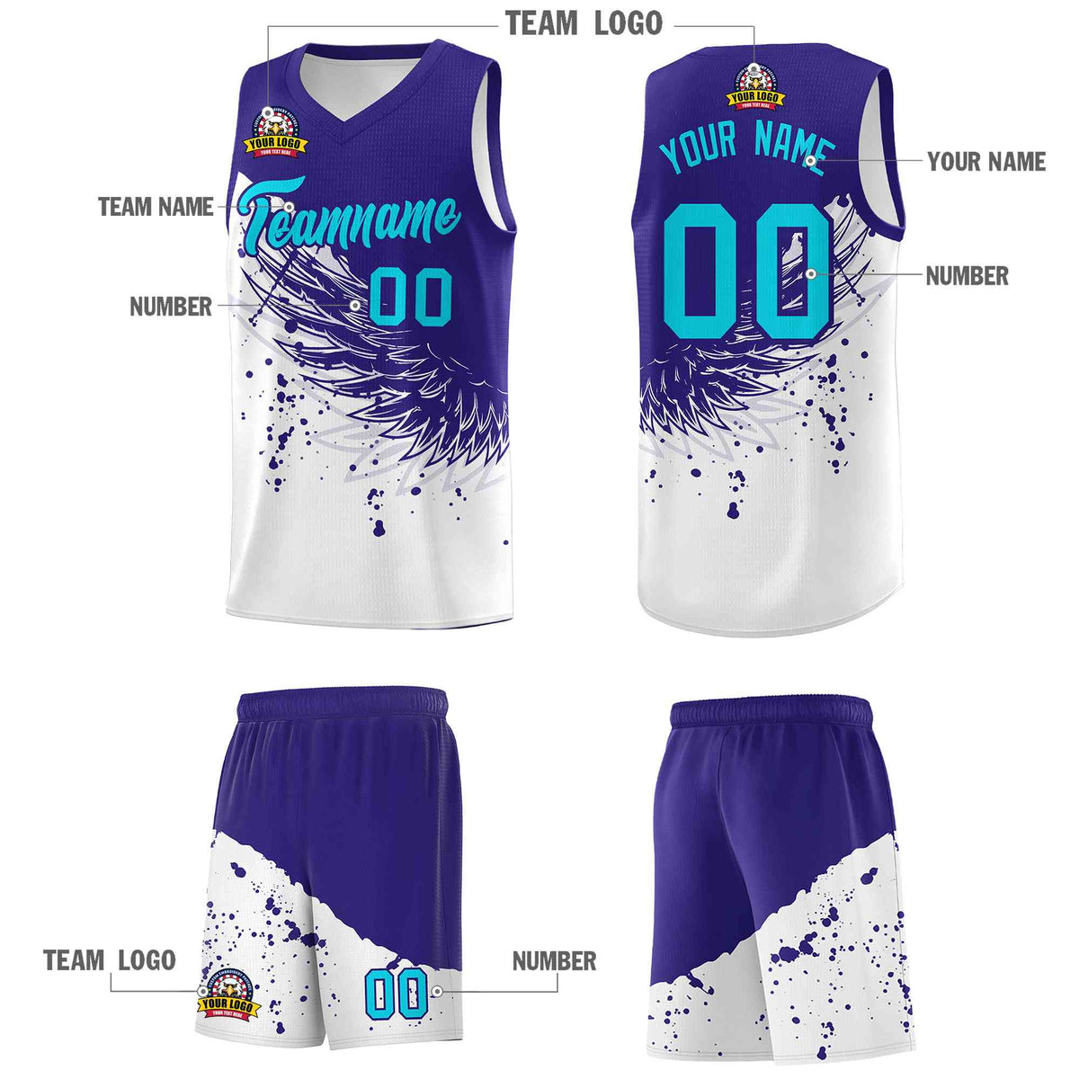Custom White Royal Wing Pattern Sports Uniform Basketball Jersey