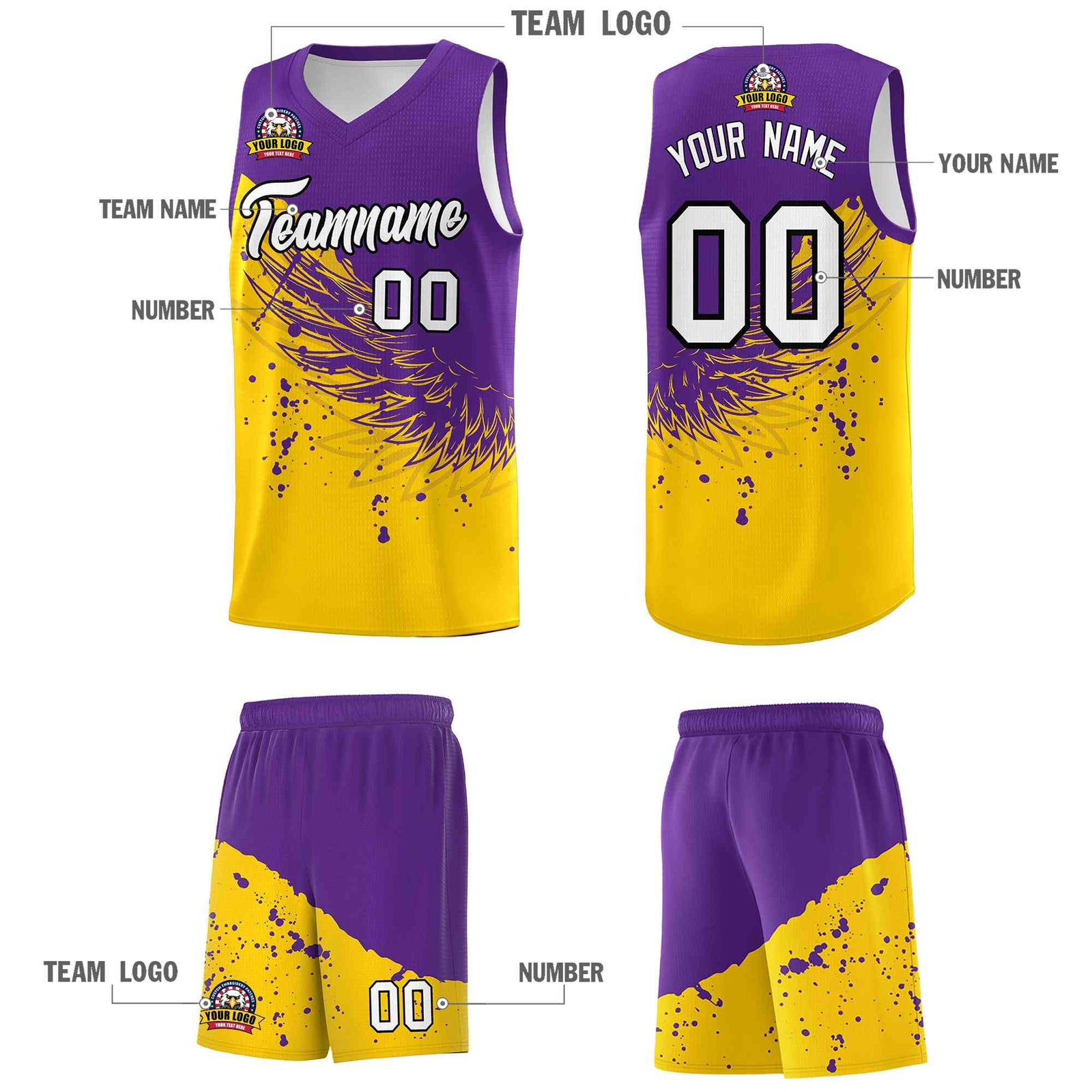 Custom Gold Purple Wing Pattern Sports Uniform Basketball Jersey