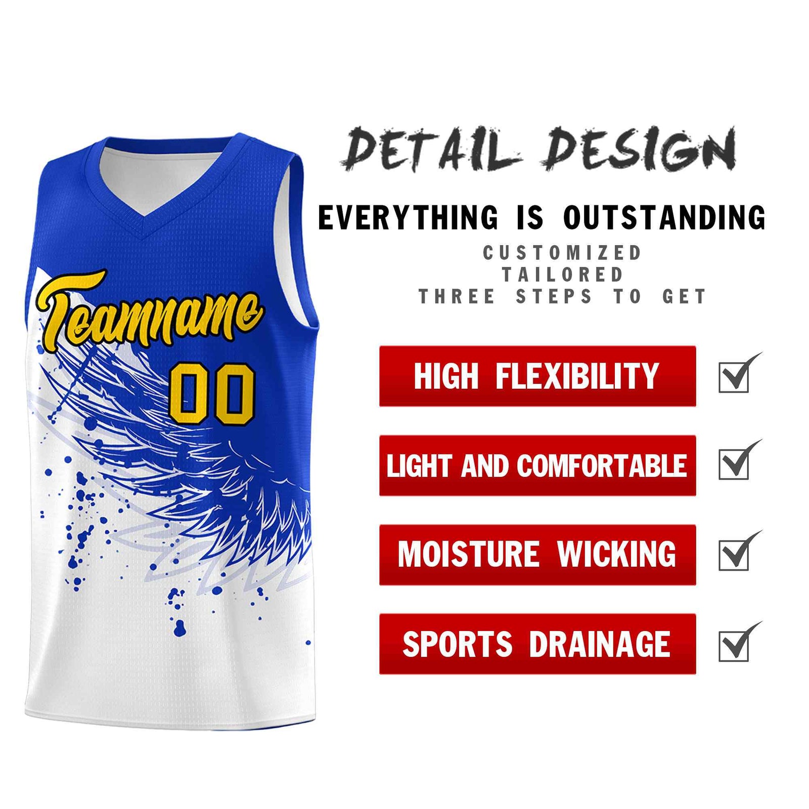 Custom White Royal Wing Pattern Sports Uniform Basketball Jersey
