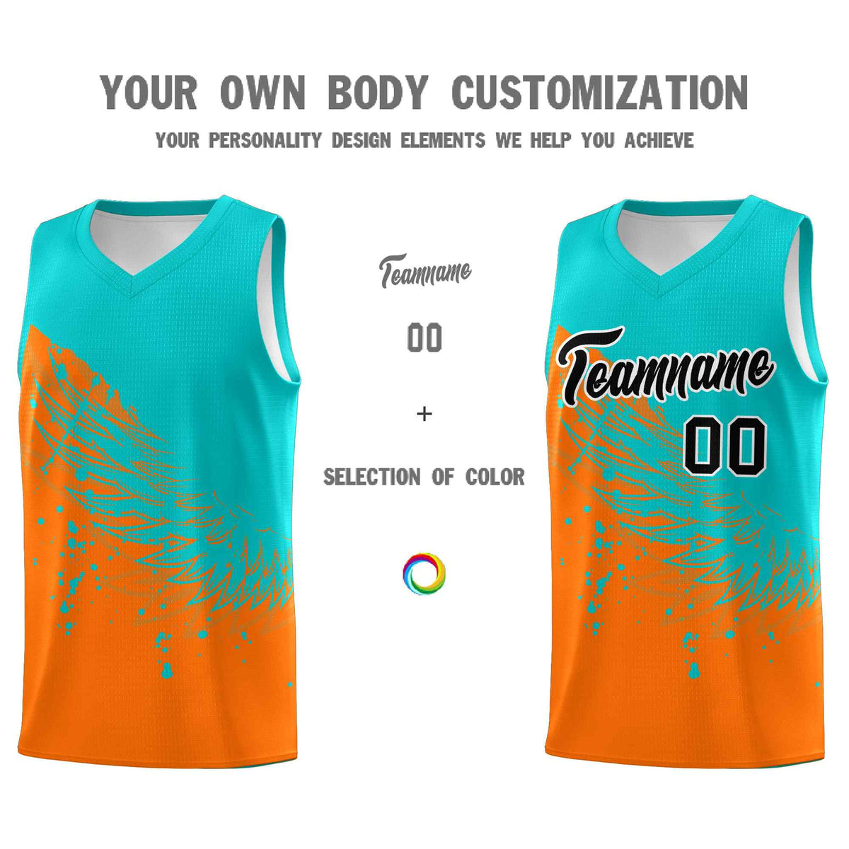 Custom Orange Aqua Wing Pattern Sports Uniform Basketball Jersey