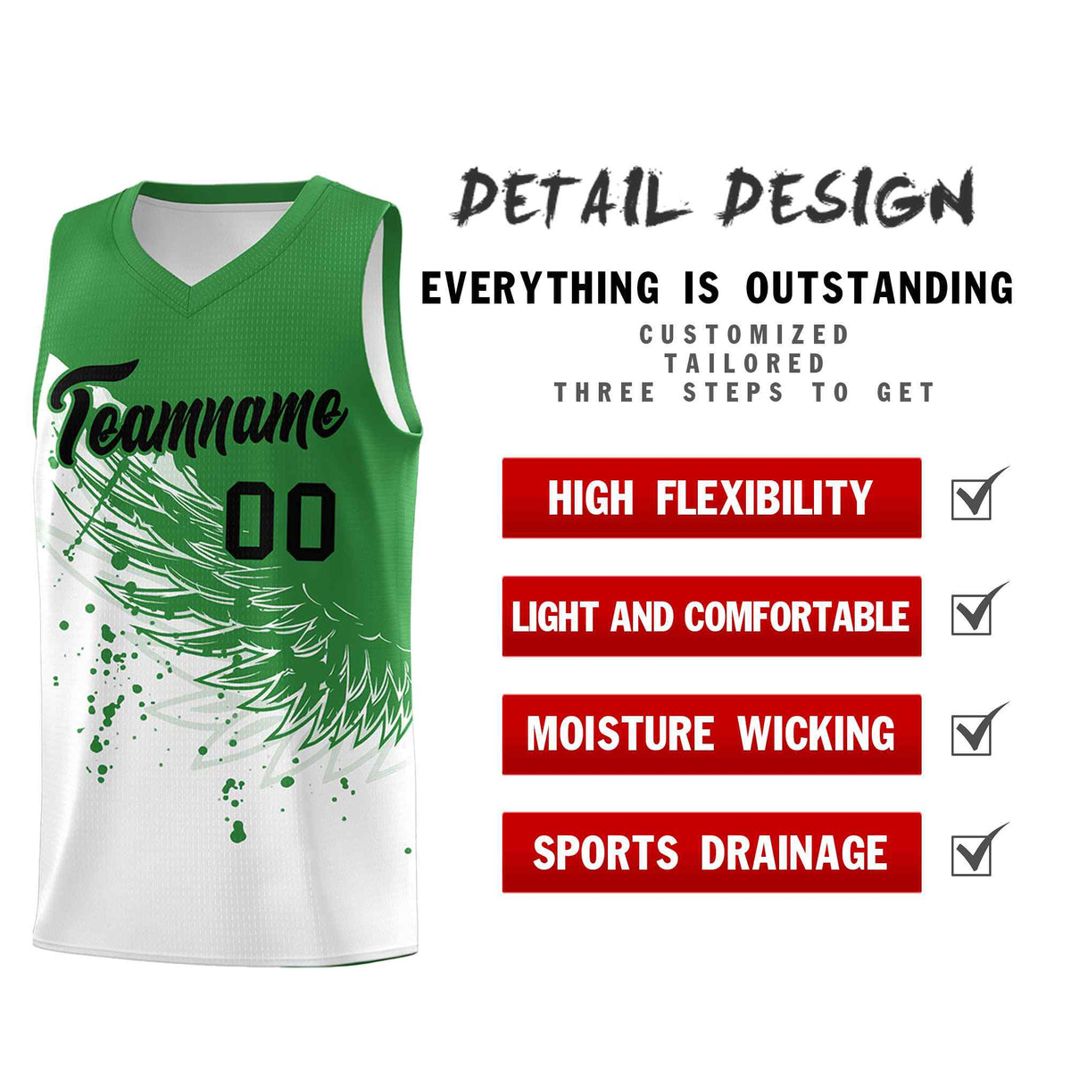 Custom White Kelly Green Wing Pattern Sports Uniform Basketball Jersey