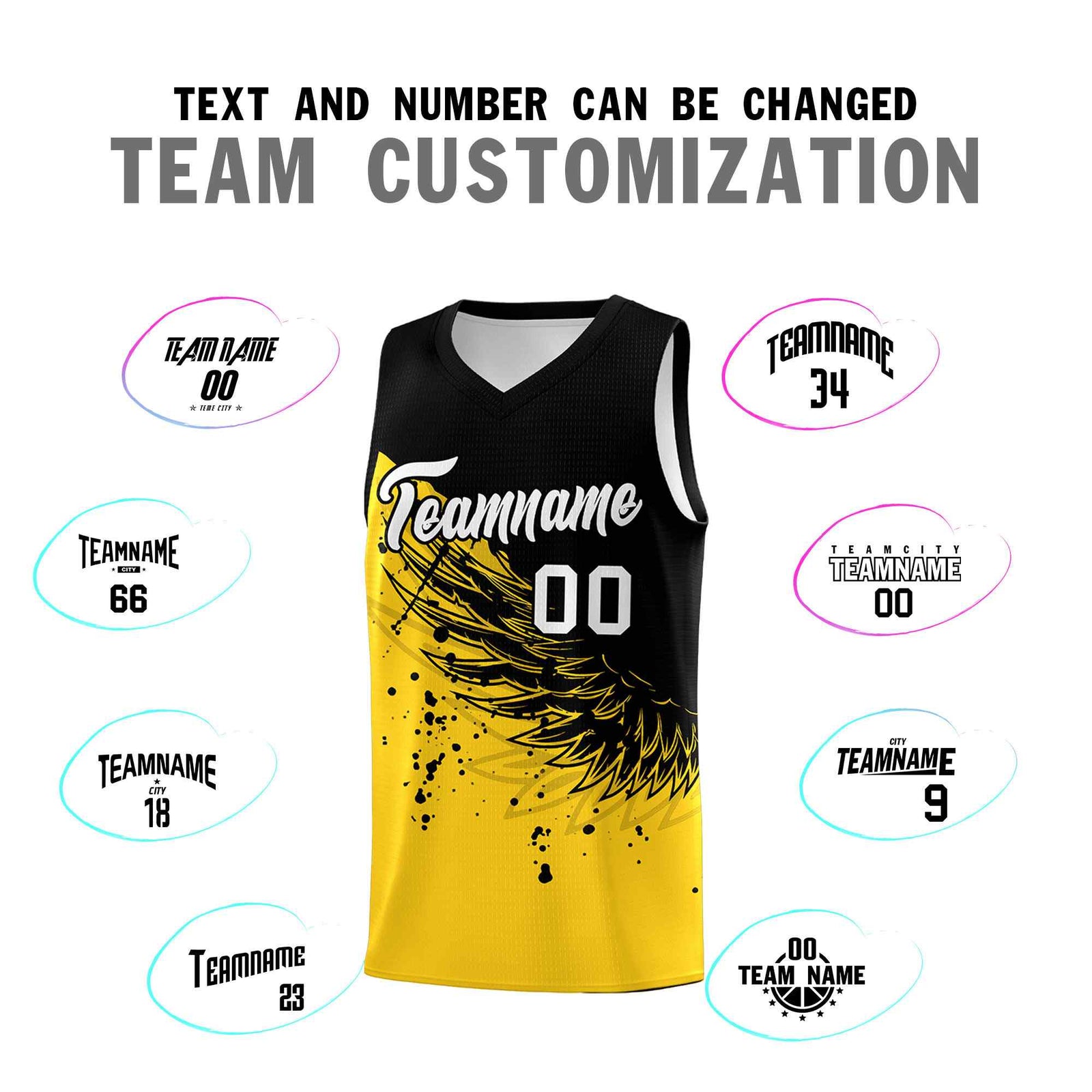 Custom Gold Black Wing Pattern Sports Uniform Basketball Jersey