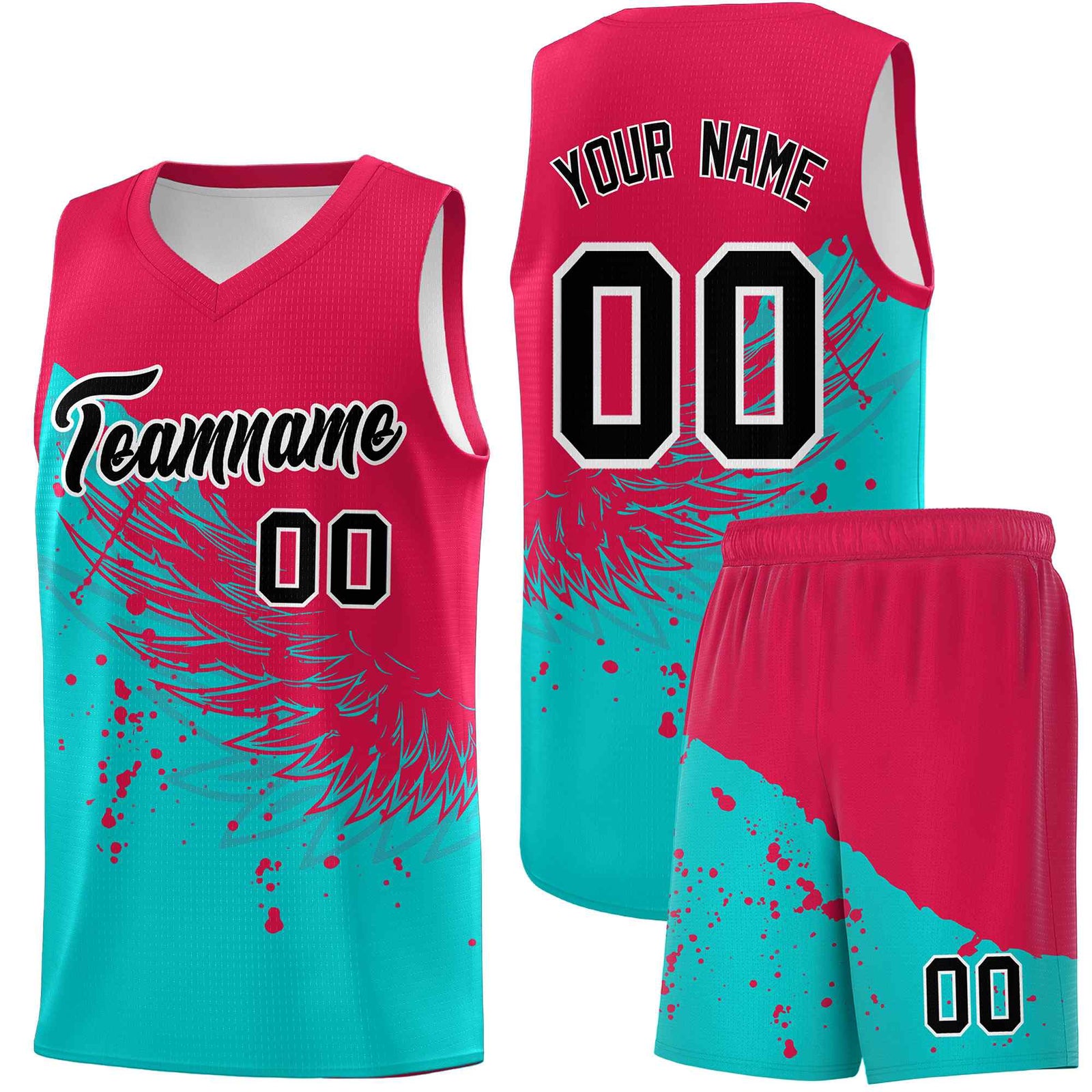 Custom Aqua Red Wing Pattern Sports Uniform Basketball Jersey