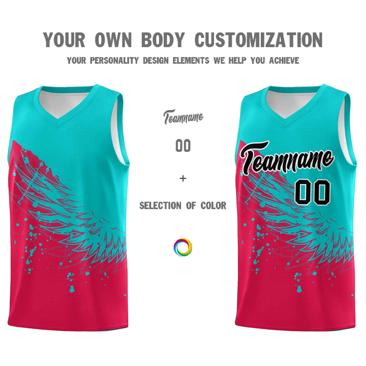 Custom Red Aqua Wing Pattern Sports Uniform Basketball Jersey