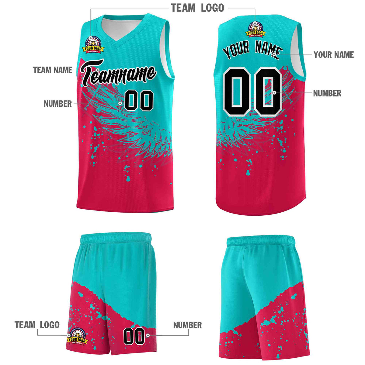 Custom Red Aqua Wing Pattern Sports Uniform Basketball Jersey