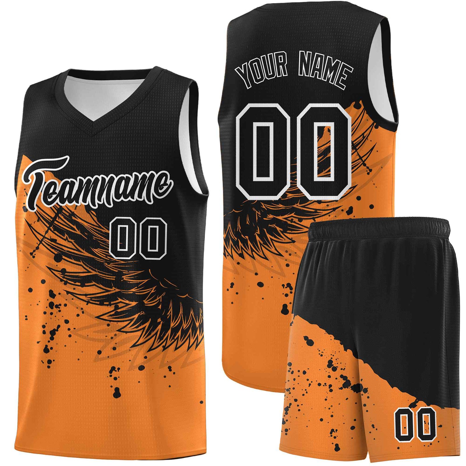 Custom Gold Orange Black Wing Pattern Sports Uniform Basketball Jersey