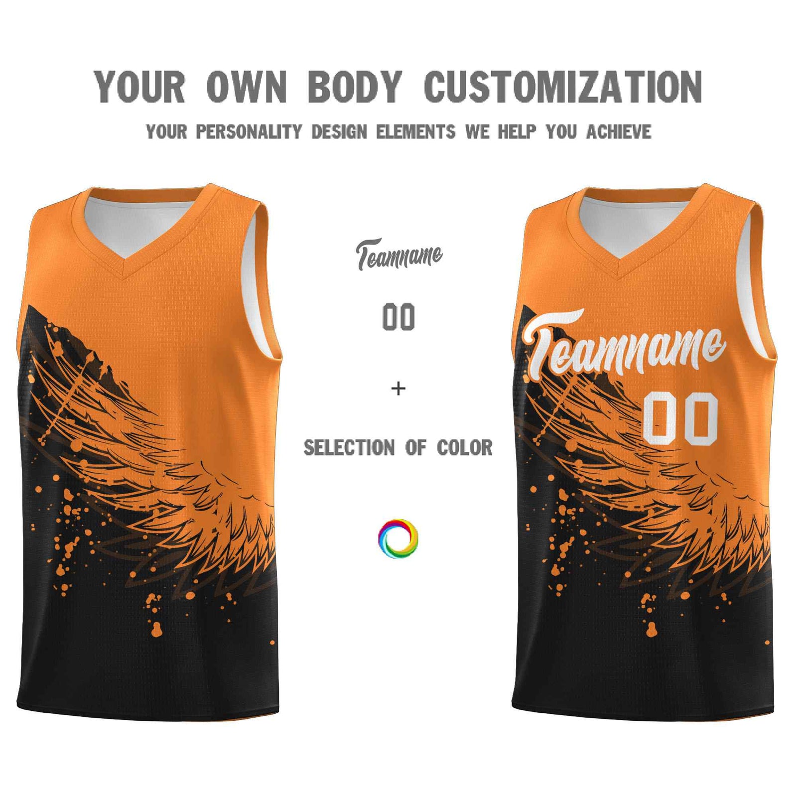 Custom Black Gold Orange Wing Pattern Sports Uniform Basketball Jersey