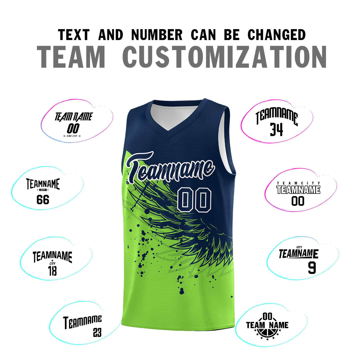 Custom Fluorescent Green Navy Wing Pattern Sports Uniform Basketball Jersey