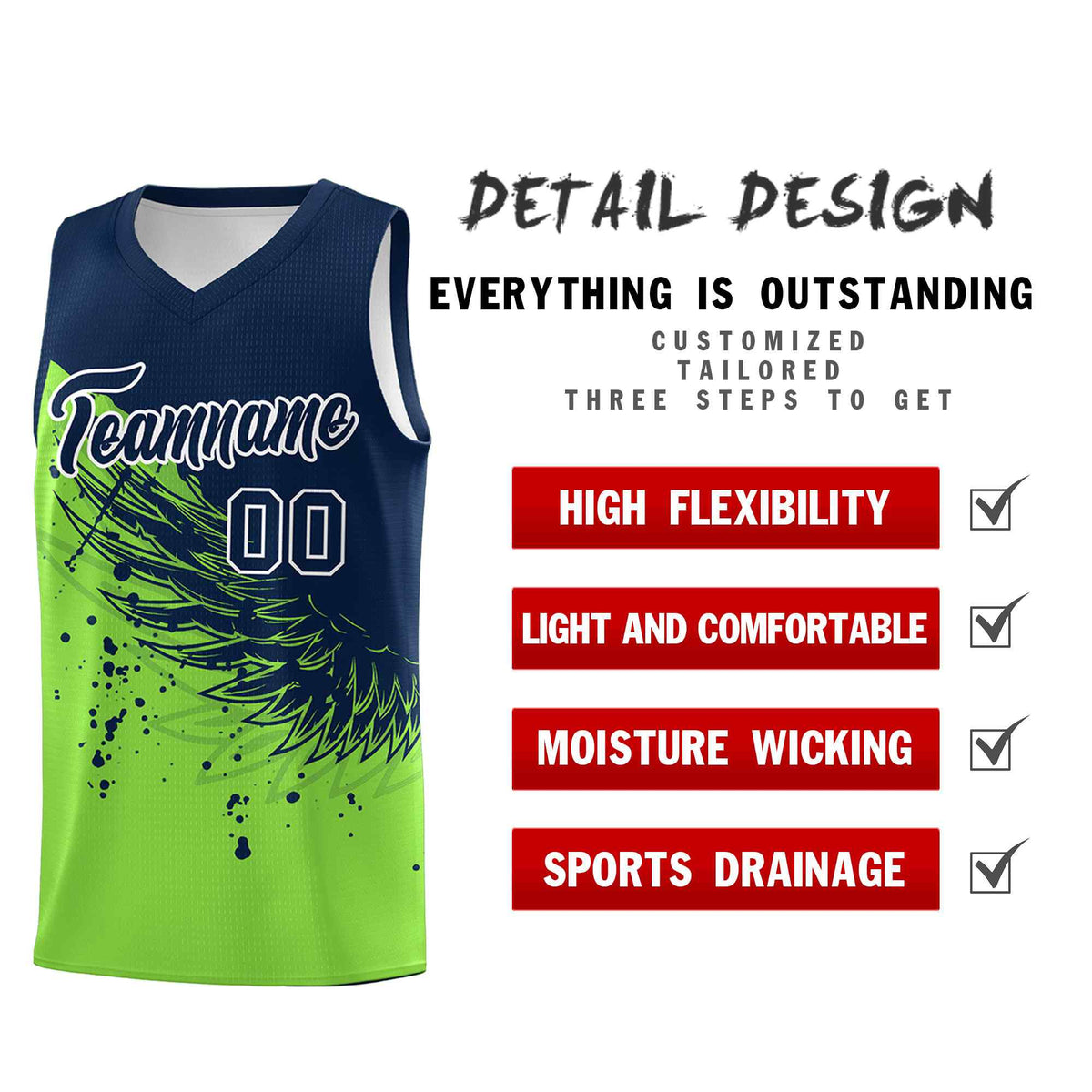 Custom Fluorescent Green Navy Wing Pattern Sports Uniform Basketball Jersey