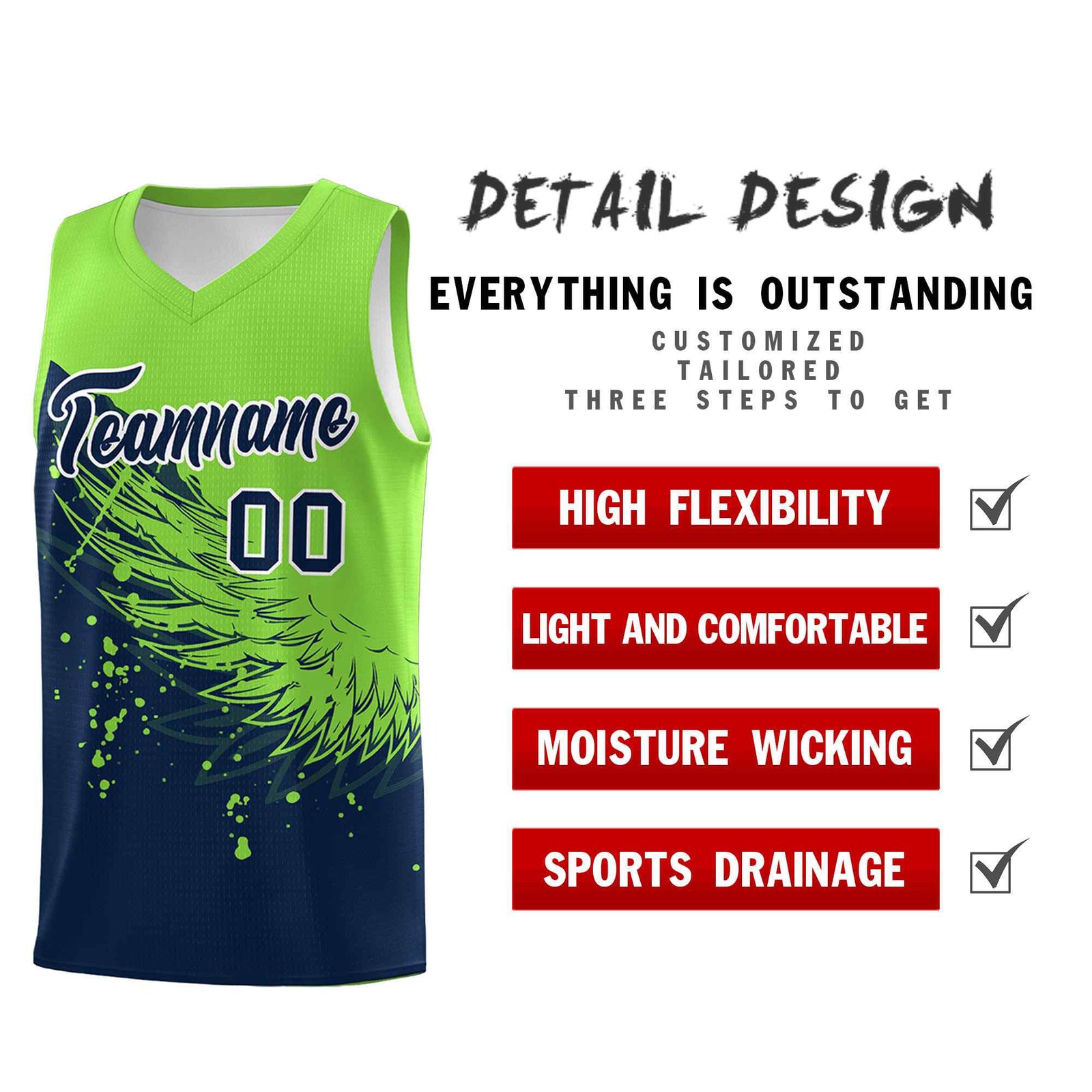 Custom Navy Fluorescent Green Wing Pattern Sports Uniform Basketball Jersey
