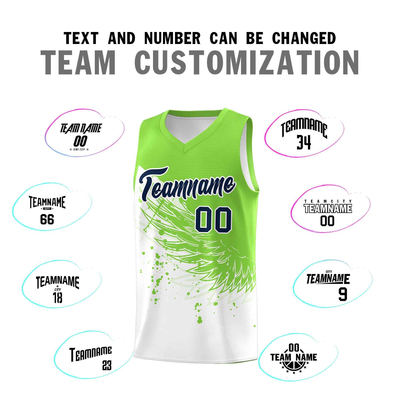 Custom White Fluorescent Green Wing Pattern Sports Uniform Basketball Jersey