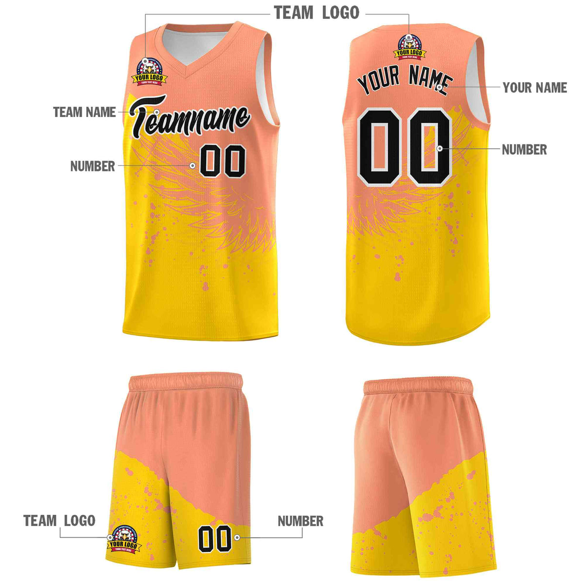 Custom Gold Light Orange Wing Pattern Sports Uniform Basketball Jersey