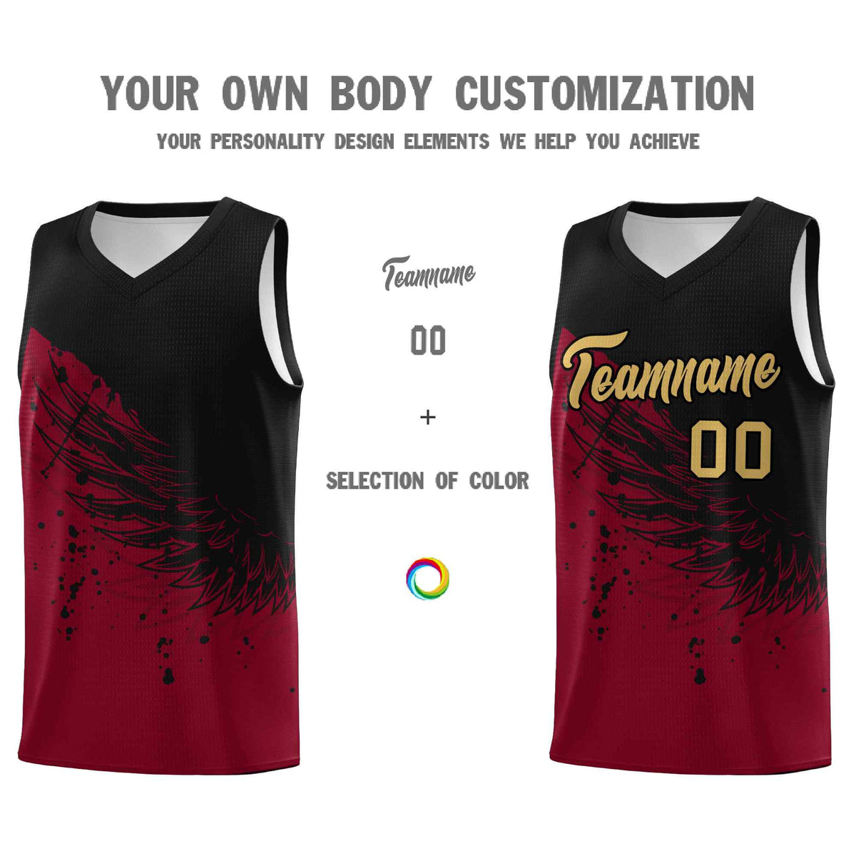 Custom Crimson Black Wing Pattern Sports Uniform Basketball Jersey