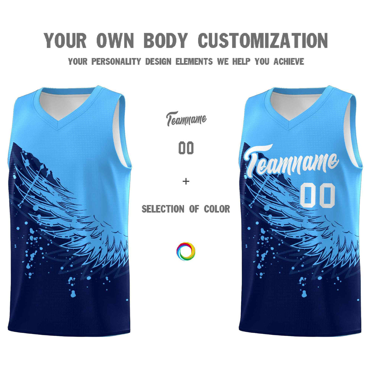 Custom Navy Powder Blue Wing Pattern Sports Uniform Basketball Jersey