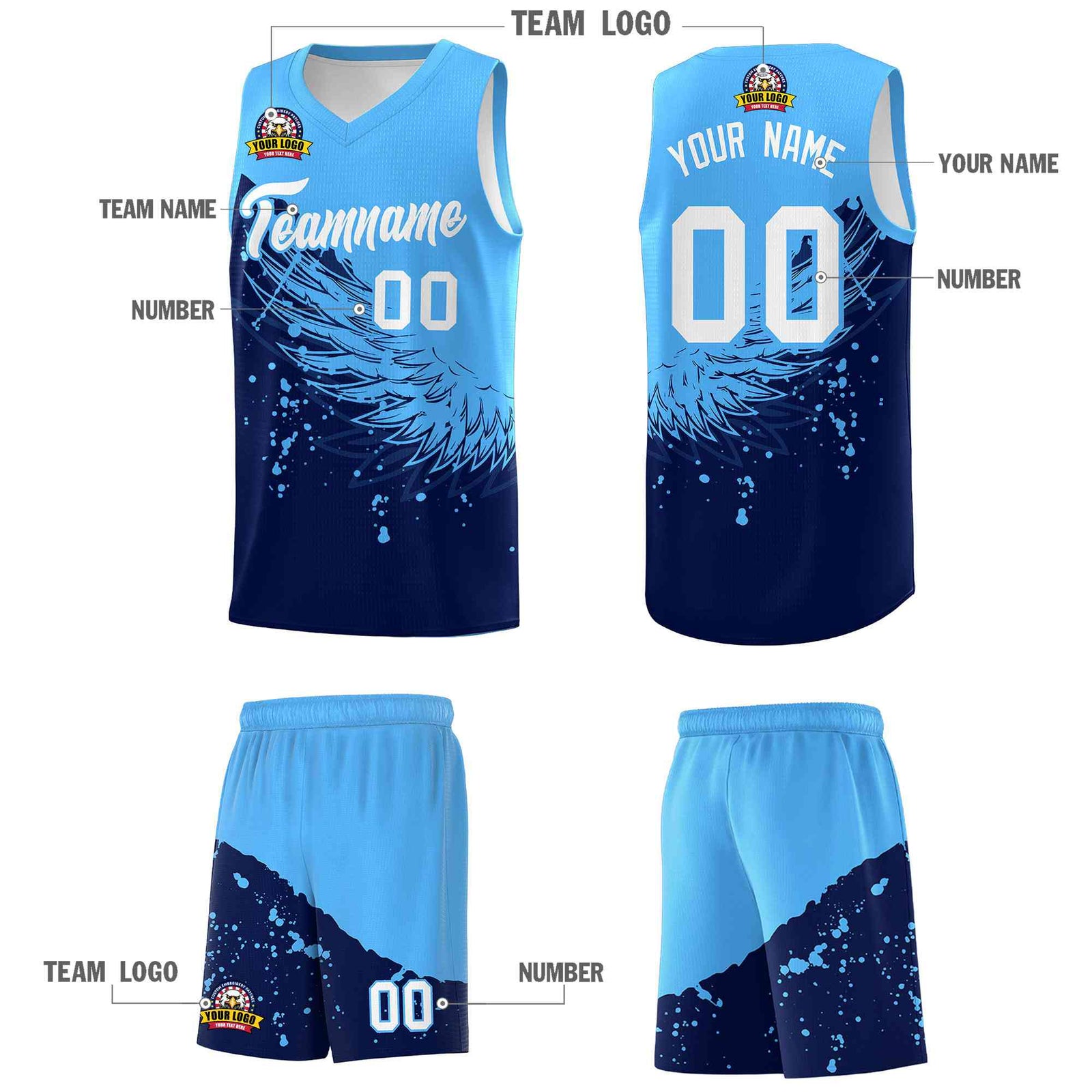 Custom Navy Powder Blue Wing Pattern Sports Uniform Basketball Jersey