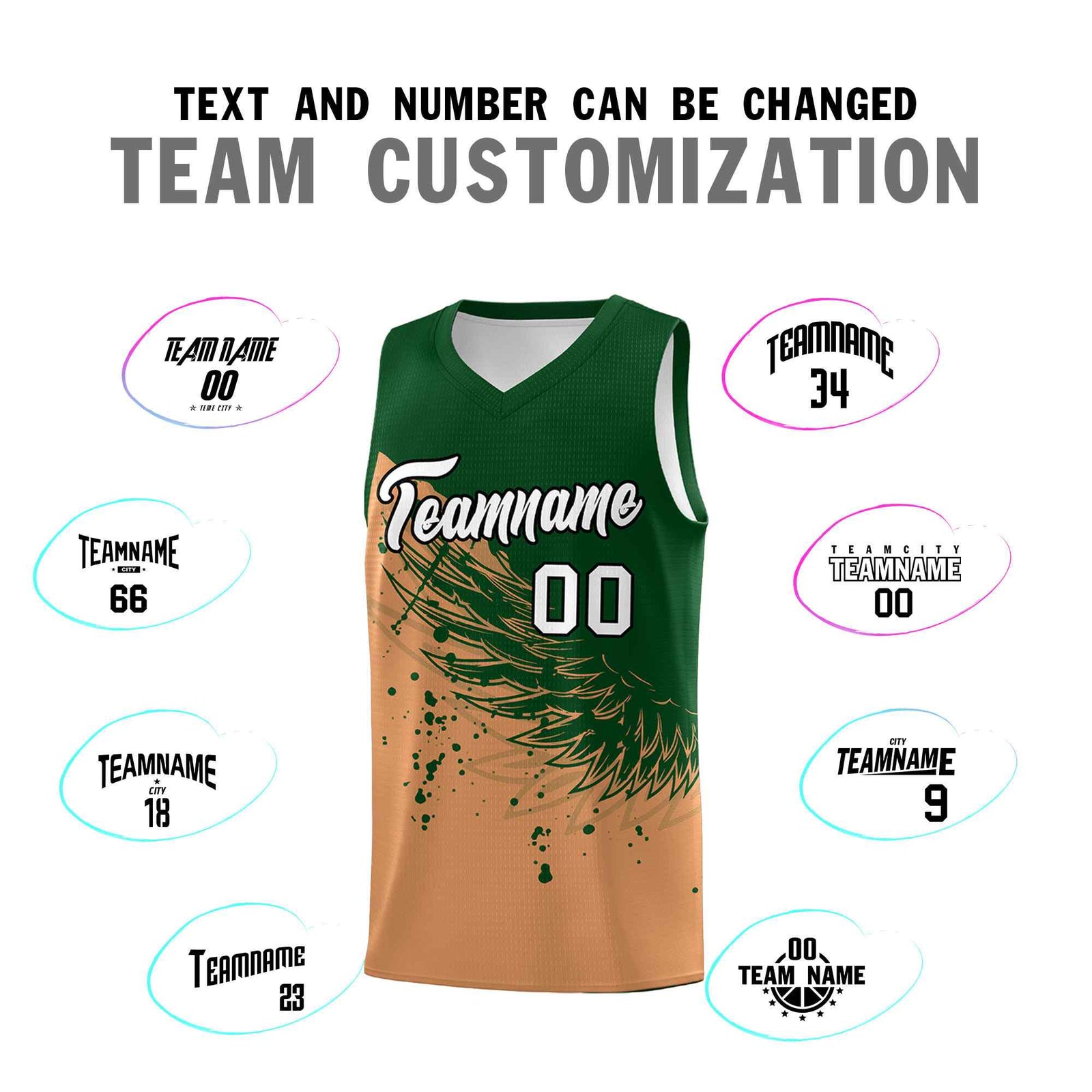Custom Buckskin Brown Green Wing Pattern Sports Uniform Basketball Jersey