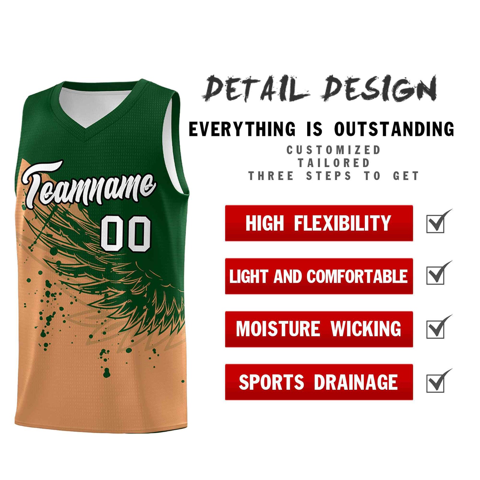 Custom Buckskin Brown Green Wing Pattern Sports Uniform Basketball Jersey