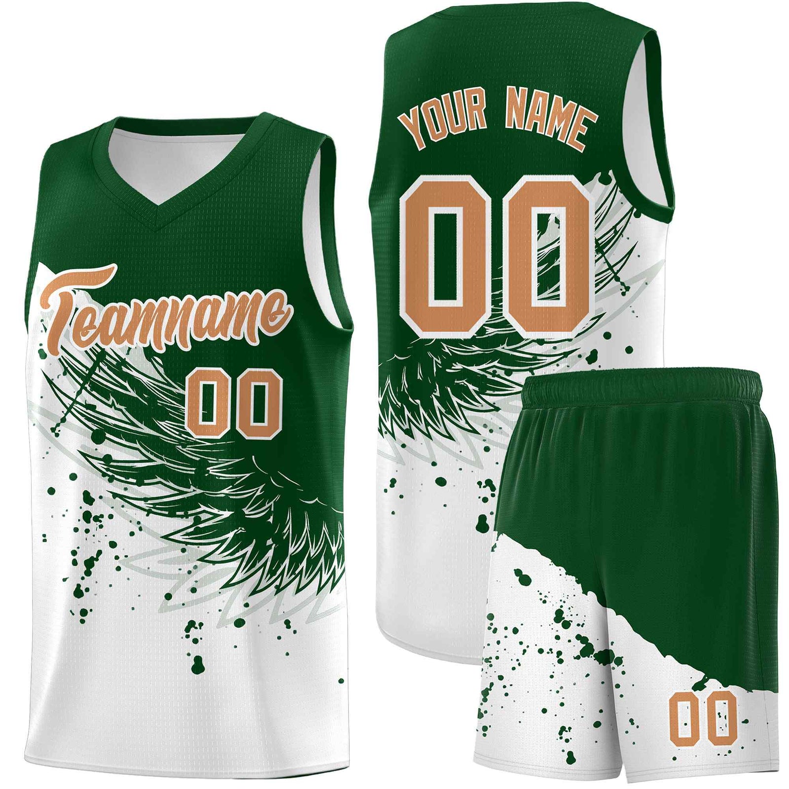 Custom White Green Wing Pattern Sports Uniform Basketball Jersey