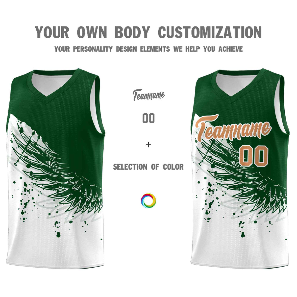 Custom White Green Wing Pattern Sports Uniform Basketball Jersey