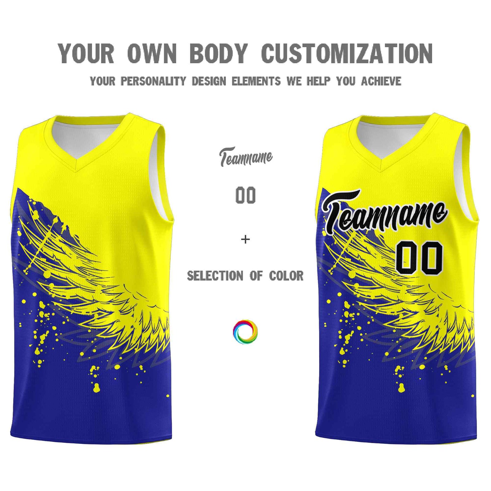 Custom Royal Fluorescent Yellow Wing Pattern Sports Uniform Basketball Jersey