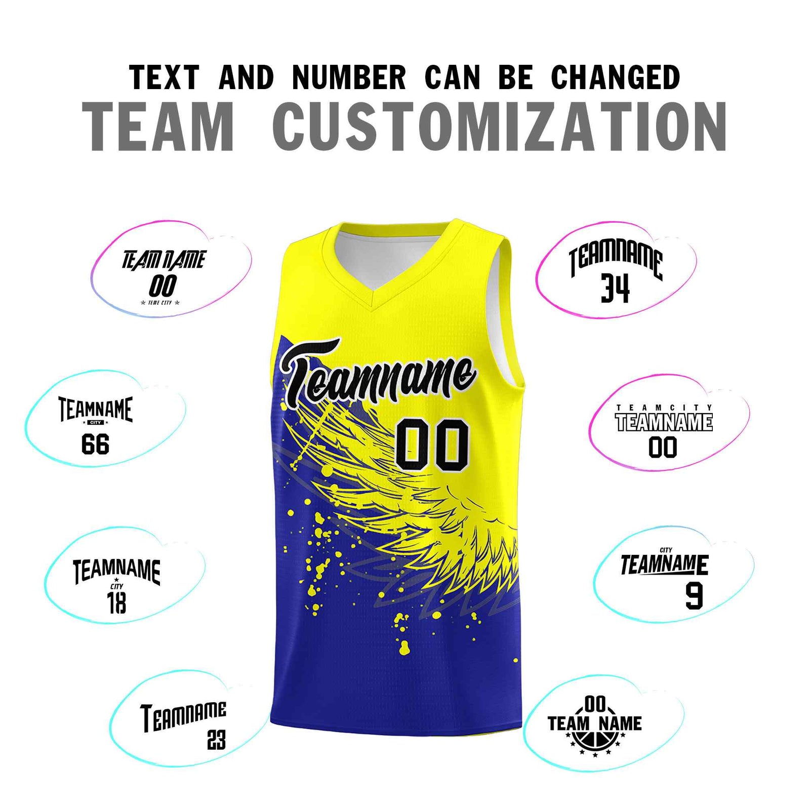 Custom Royal Fluorescent Yellow Wing Pattern Sports Uniform Basketball Jersey