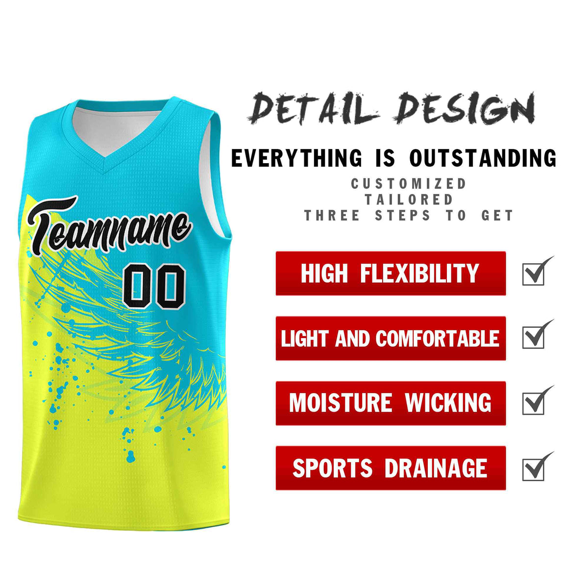 Custom Fluorescent Green Sky Blue Wing Pattern Sports Uniform Basketball Jersey