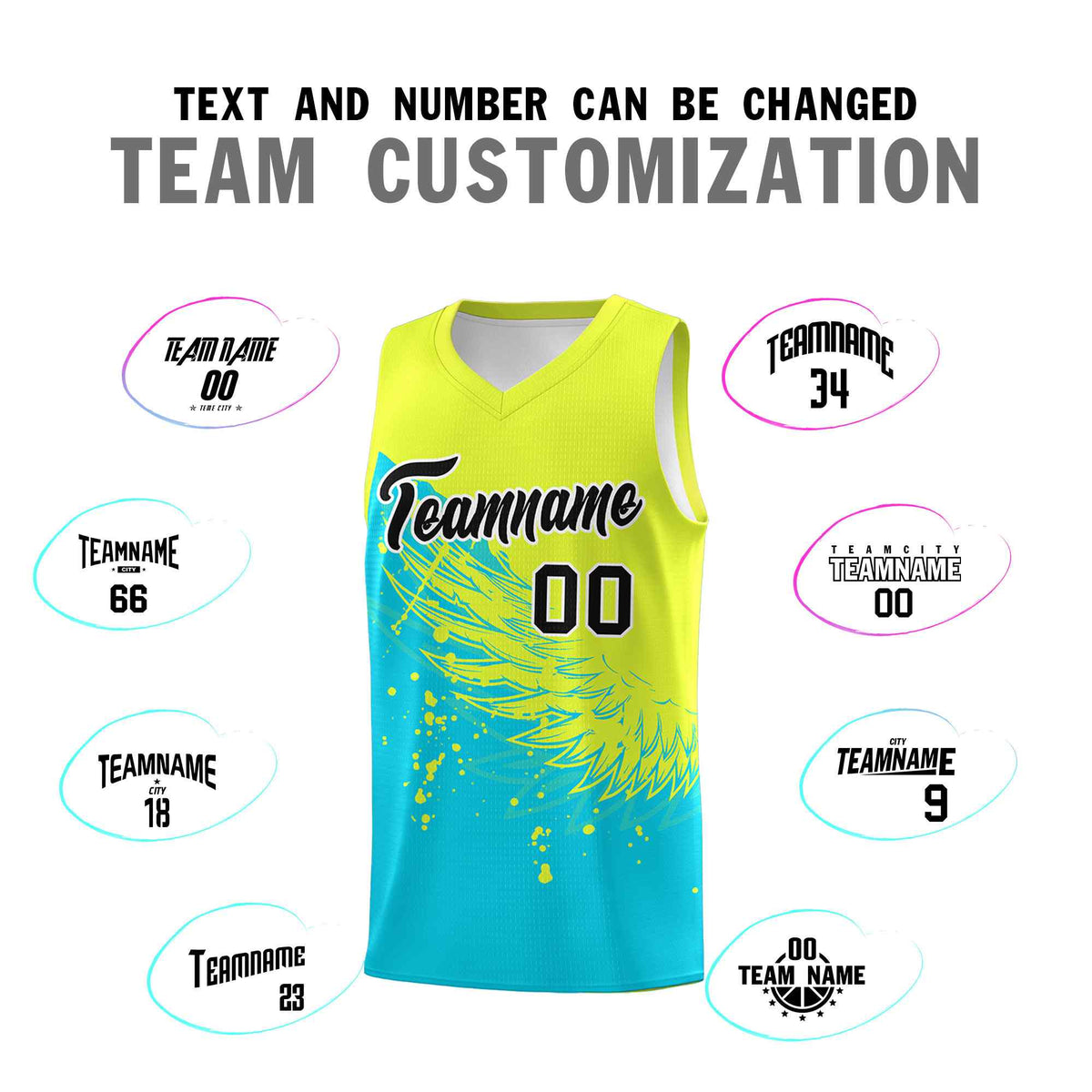 Custom Sky Blue Fluorescent Green Wing Pattern Sports Uniform Basketball Jersey