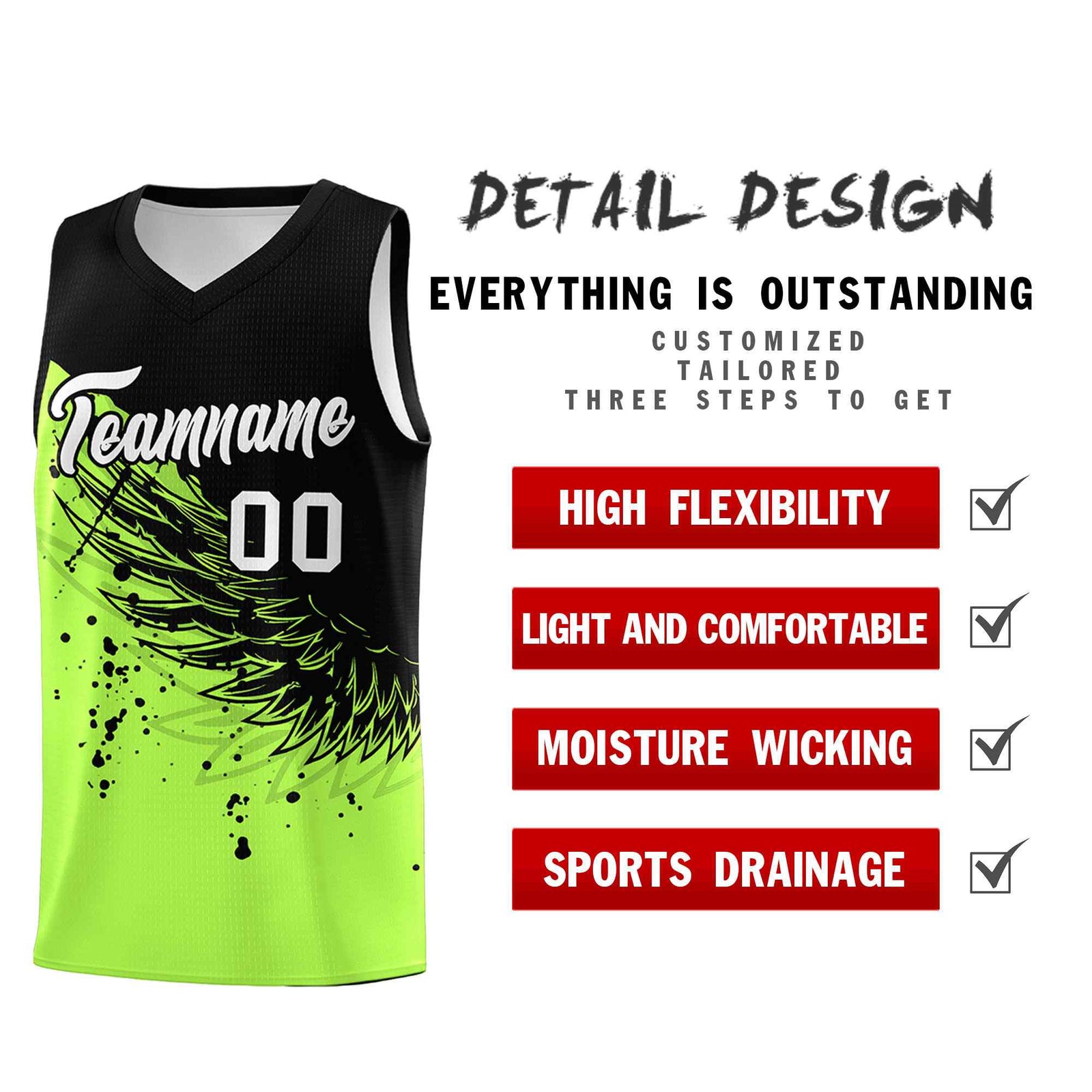 Custom Fluorescent Green Black Wing Pattern Sports Uniform Basketball Jersey