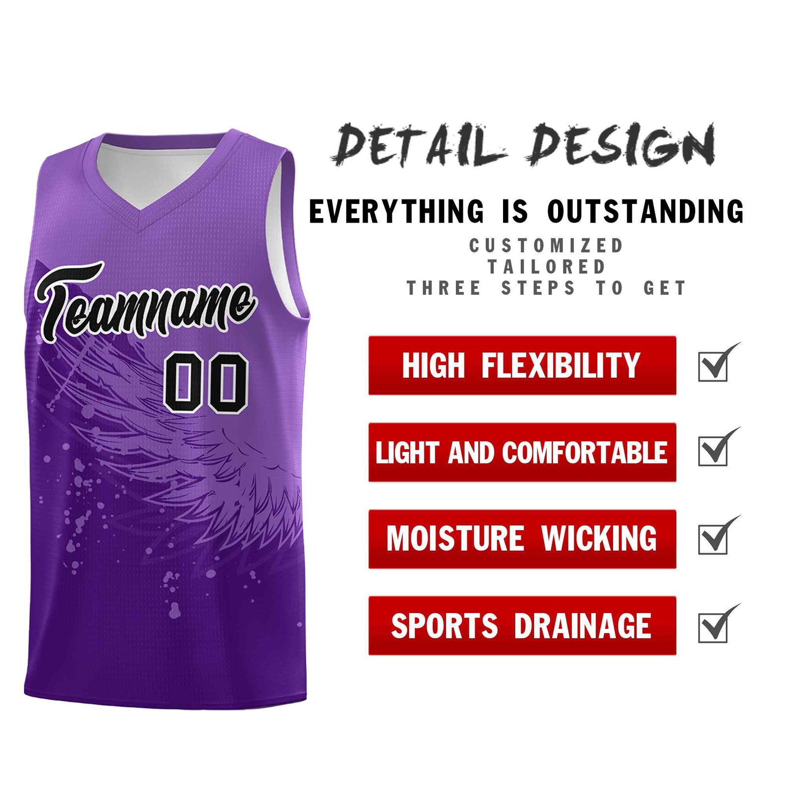 Custom Purple Light Purple Wing Pattern Sports Uniform Basketball Jersey