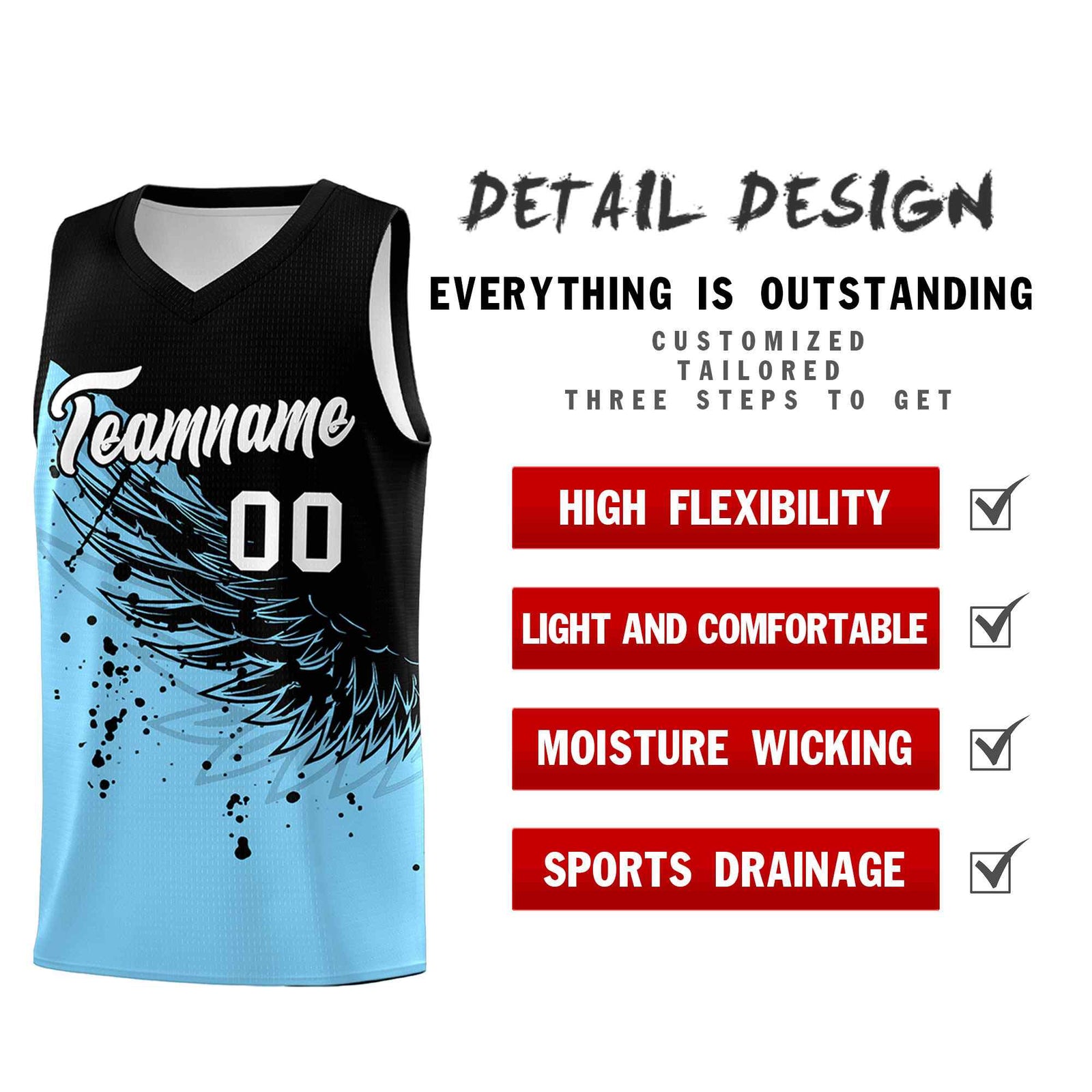 Custom Light Blue Black Wing Pattern Sports Uniform Basketball Jersey