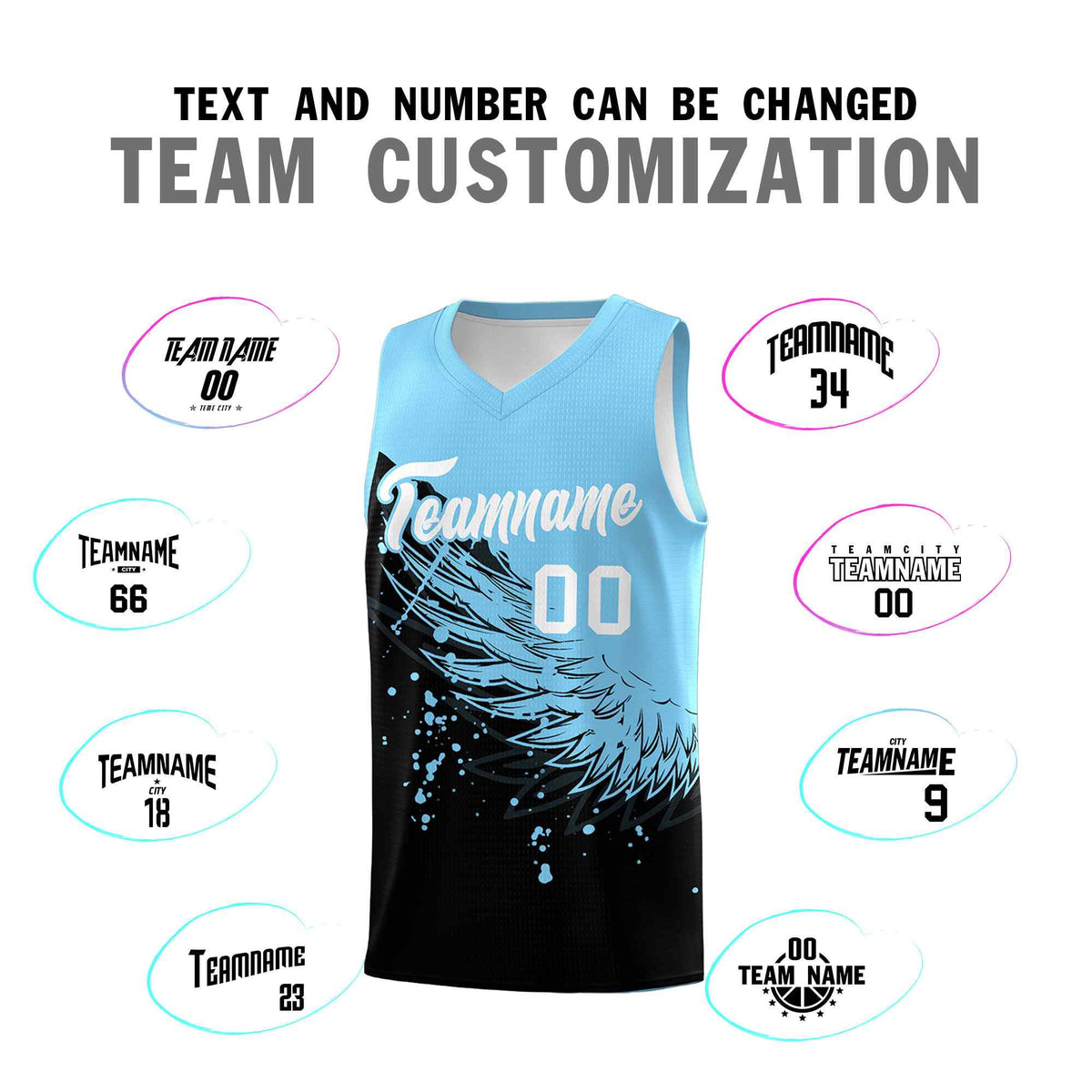 Custom Black Light Blue Wing Pattern Sports Uniform Basketball Jersey