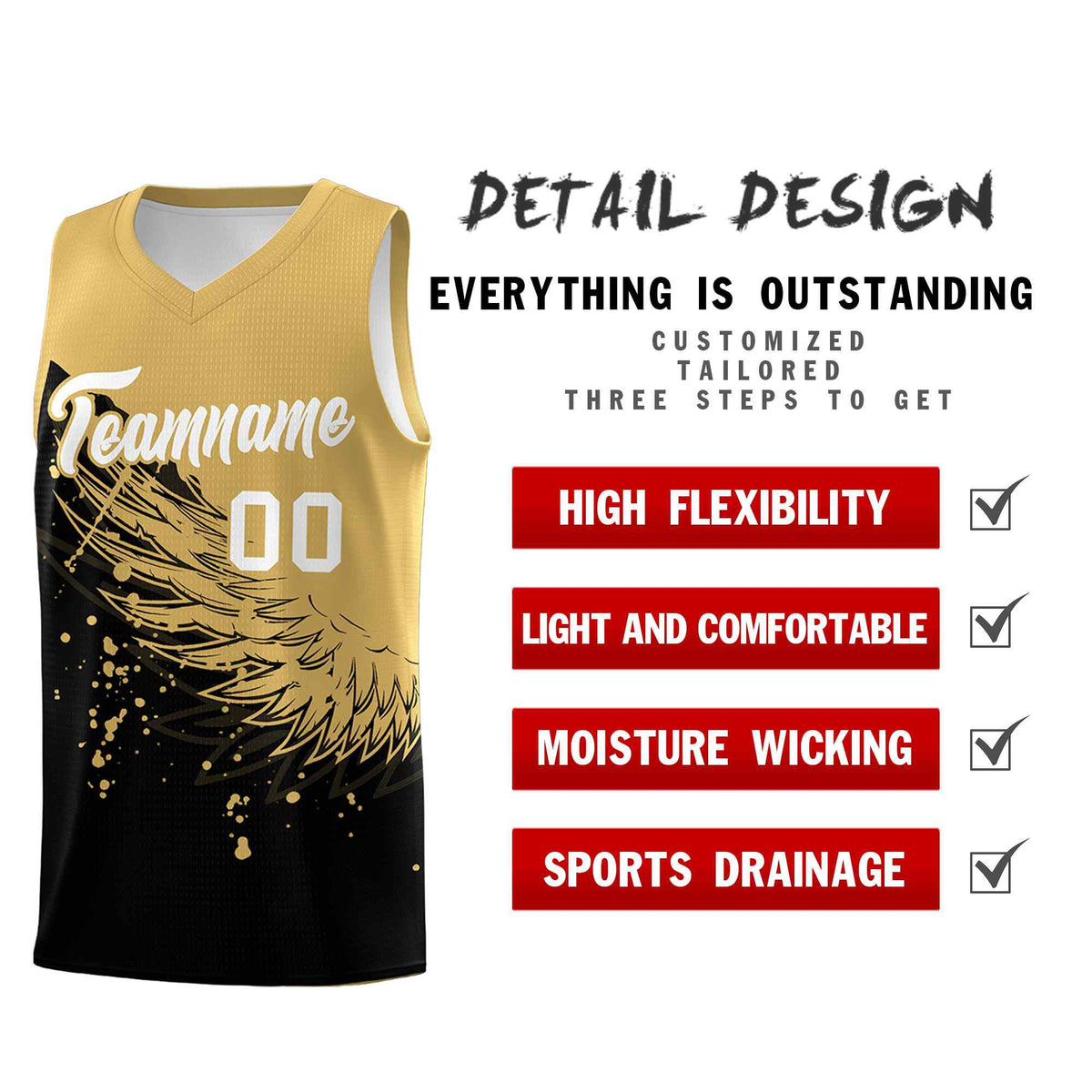 Custom Black Old Gold Wing Pattern Sports Uniform Basketball Jersey