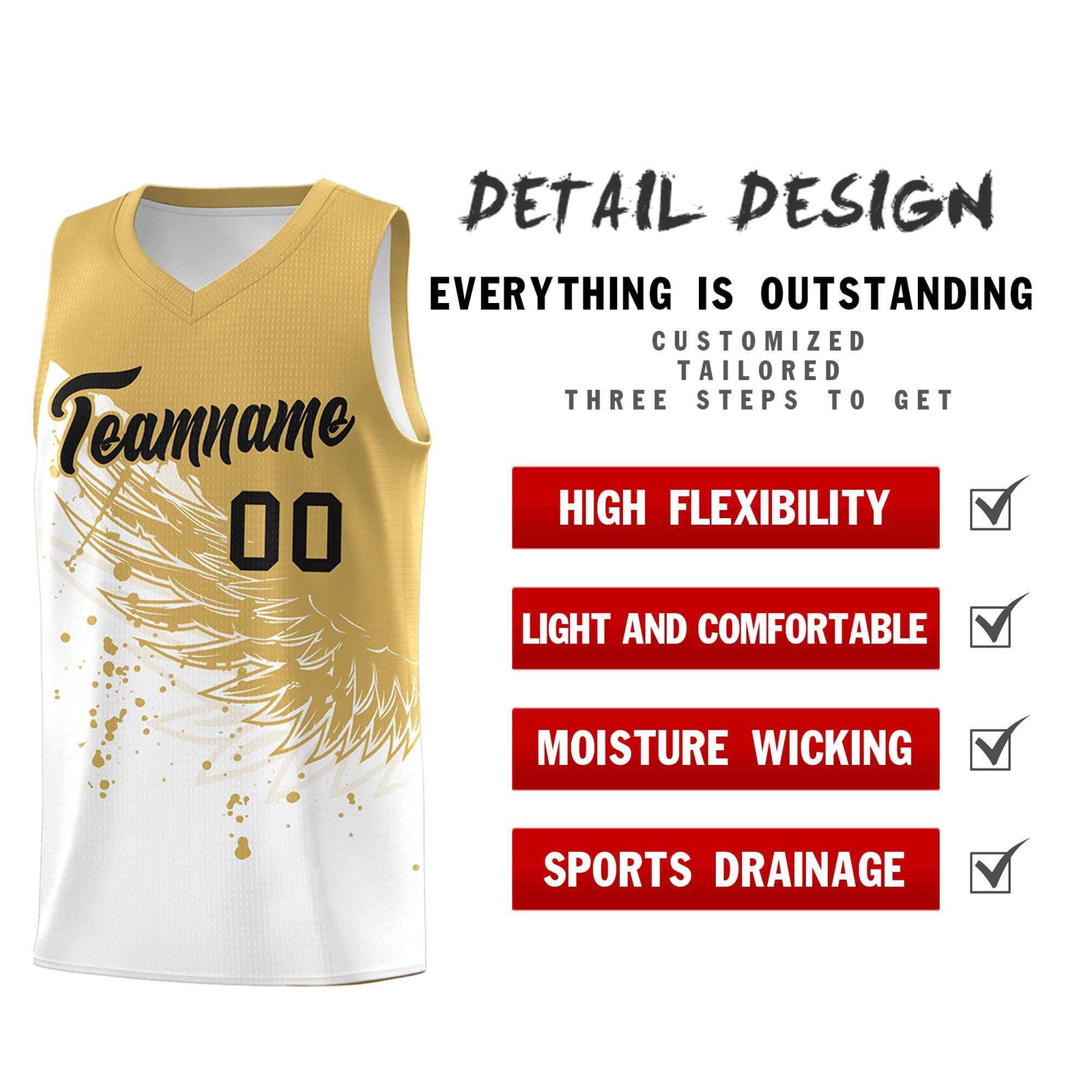 Custom White Old Gold Wing Pattern Sports Uniform Basketball Jersey