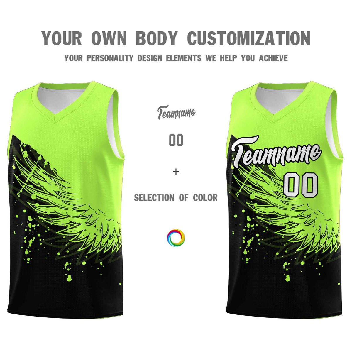 Custom Black Fluorescent Green Wing Pattern Sports Uniform Basketball Jersey