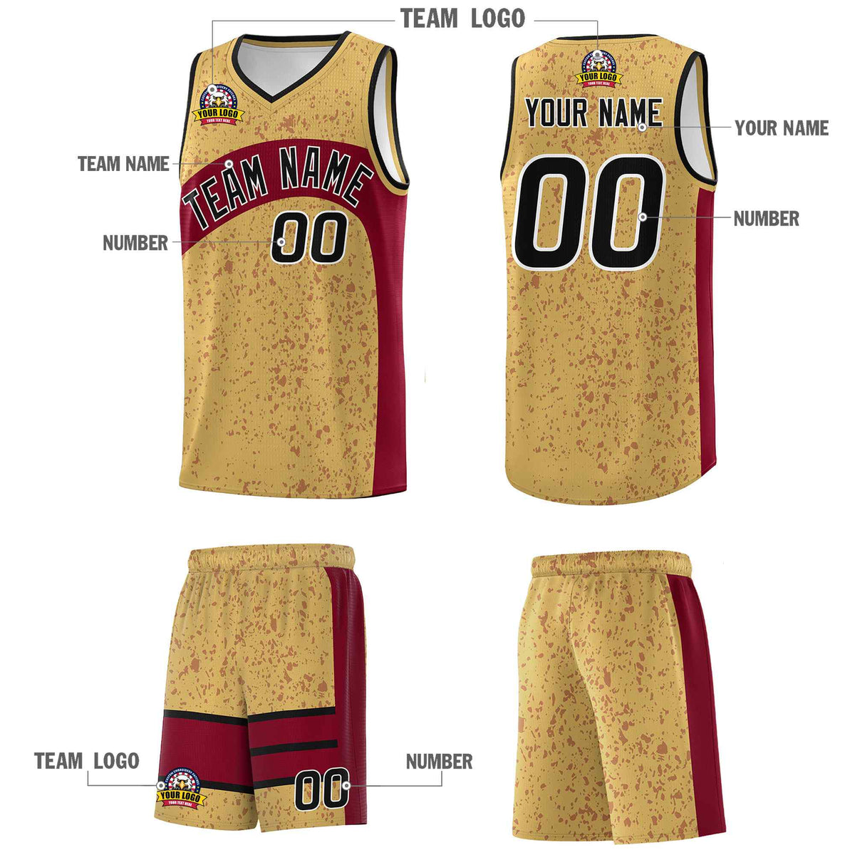 Custom Old Gold Crimson Dot Graffiti Pattern Irregular Team Names Sports Uniform Basketball Jersey