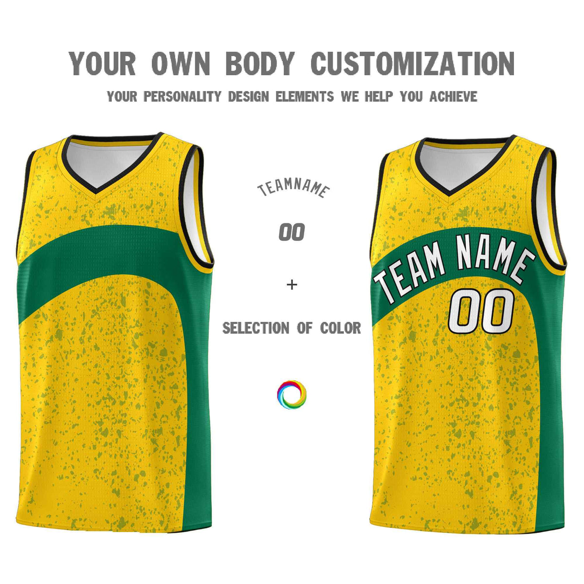 Custom Gold Kelly Green Dot Graffiti Pattern Irregular Team Names Sports Uniform Basketball Jersey
