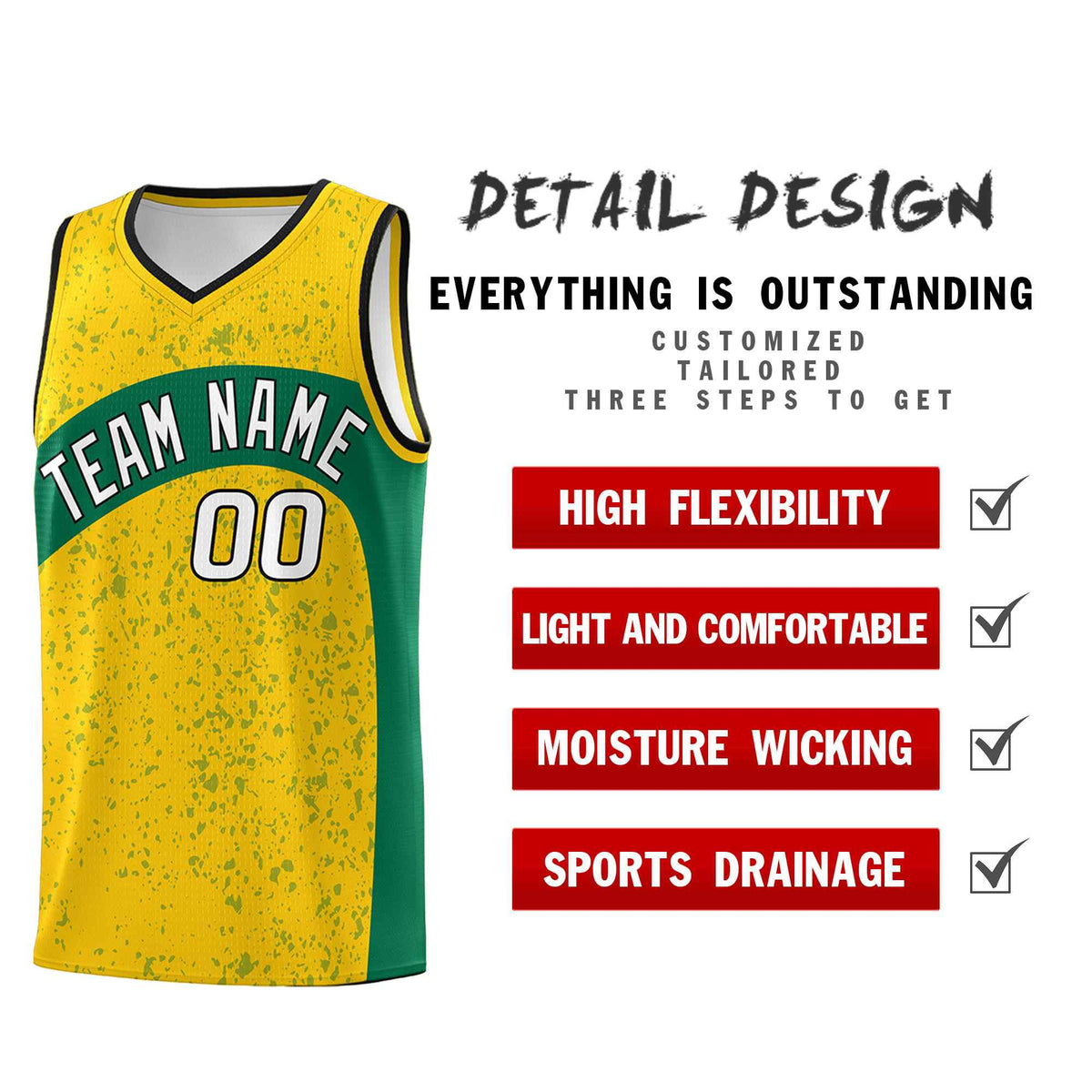 Custom Gold Kelly Green Dot Graffiti Pattern Irregular Team Names Sports Uniform Basketball Jersey