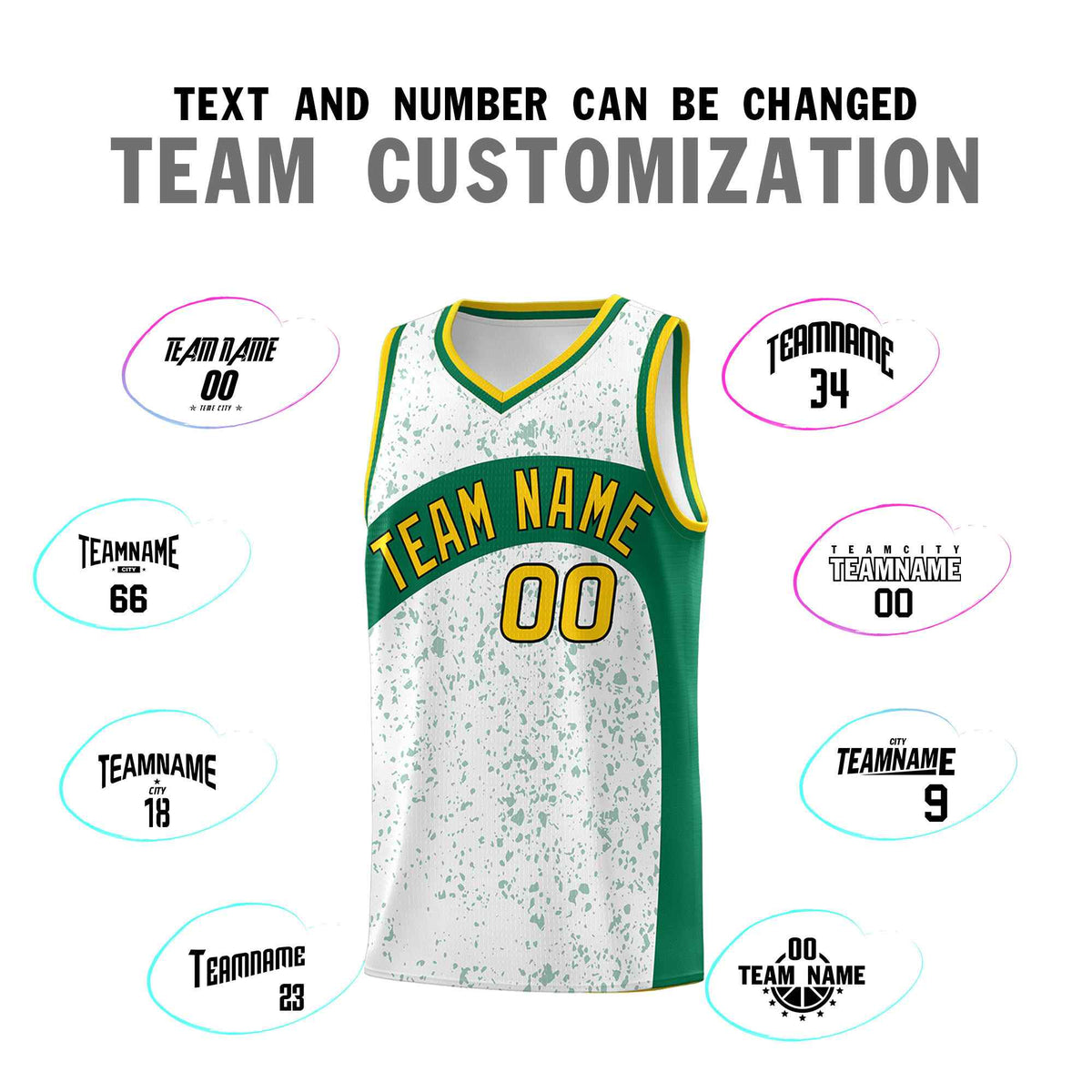 Custom White Kelly Green Dot Graffiti Pattern Irregular Team Names Sports Uniform Basketball Jersey
