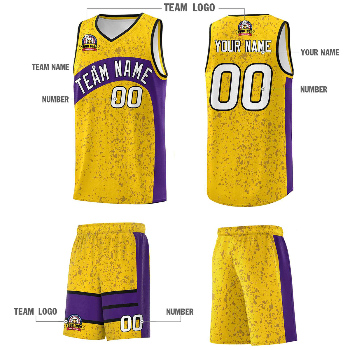 Custom Gold Purple Dot Graffiti Pattern Irregular Team Names Sports Uniform Basketball Jersey