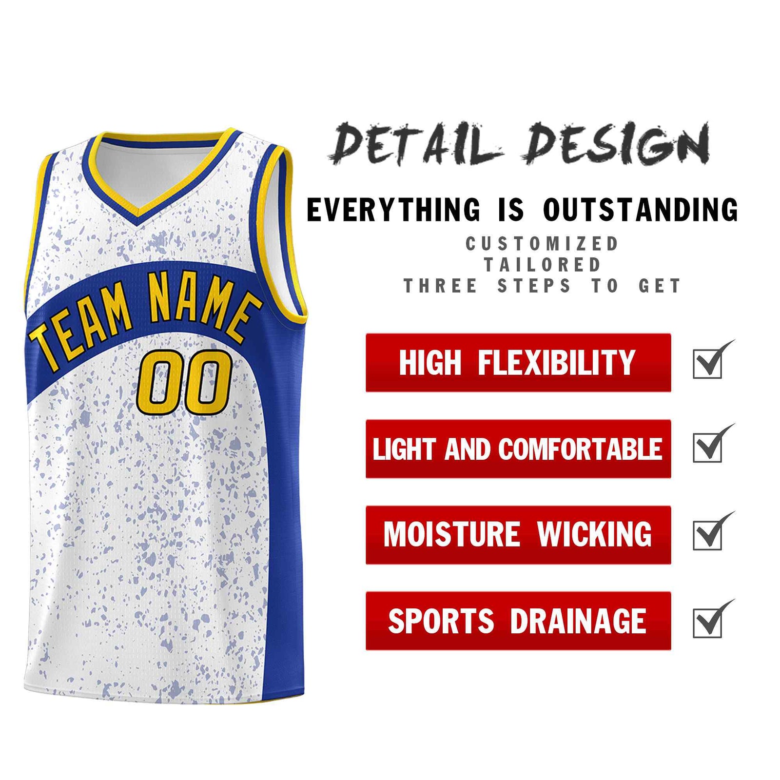 Custom White Royal Dot Graffiti Pattern Irregular Team Names Sports Uniform Basketball Jersey