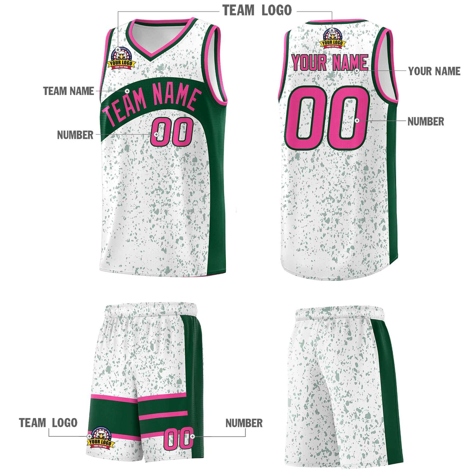 Custom White Green Dot Graffiti Pattern Irregular Team Names Sports Uniform Basketball Jersey