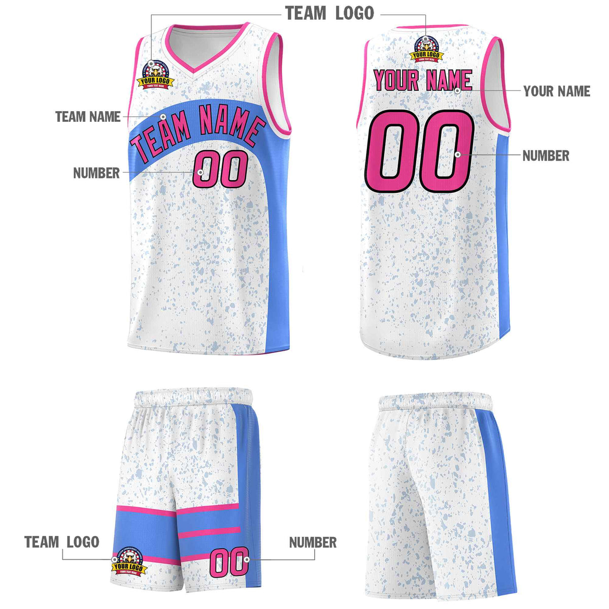Custom White Powder Blue Dot Graffiti Pattern Irregular Team Names Sports Uniform Basketball Jersey