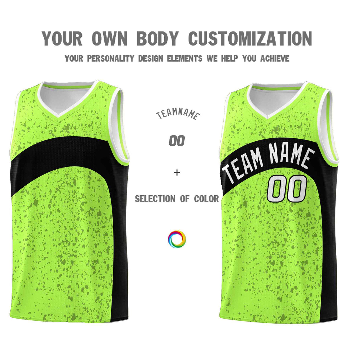 Custom Fluorescent Green Black Dot Graffiti Pattern Irregular Team Names Sports Uniform Basketball Jersey