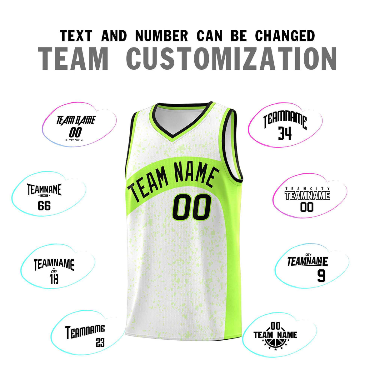 Custom White Fluorescent Green Dot Graffiti Pattern Irregular Team Names Sports Uniform Basketball Jersey