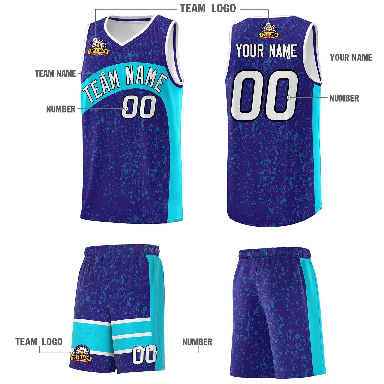 Custom Royal Sky Blue Dot Graffiti Pattern Irregular Team Names Sports Uniform Basketball Jersey