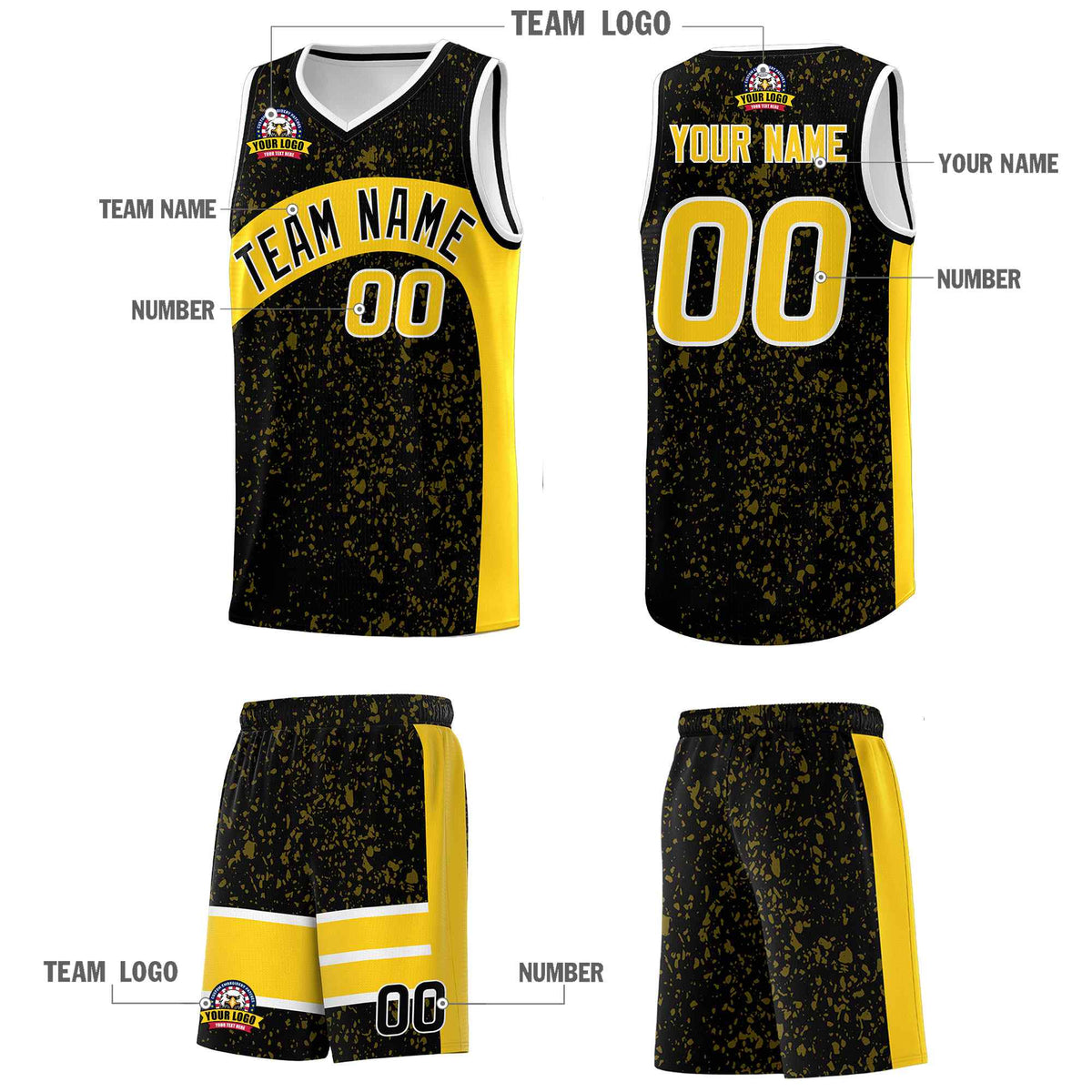 Custom Black Gold Dot Graffiti Pattern Irregular Team Names Sports Uniform Basketball Jersey