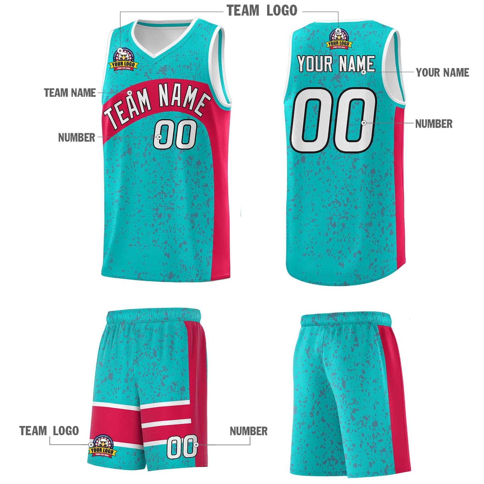 Custom Aqua Red Dot Graffiti Pattern Irregular Team Names Sports Uniform Basketball Jersey
