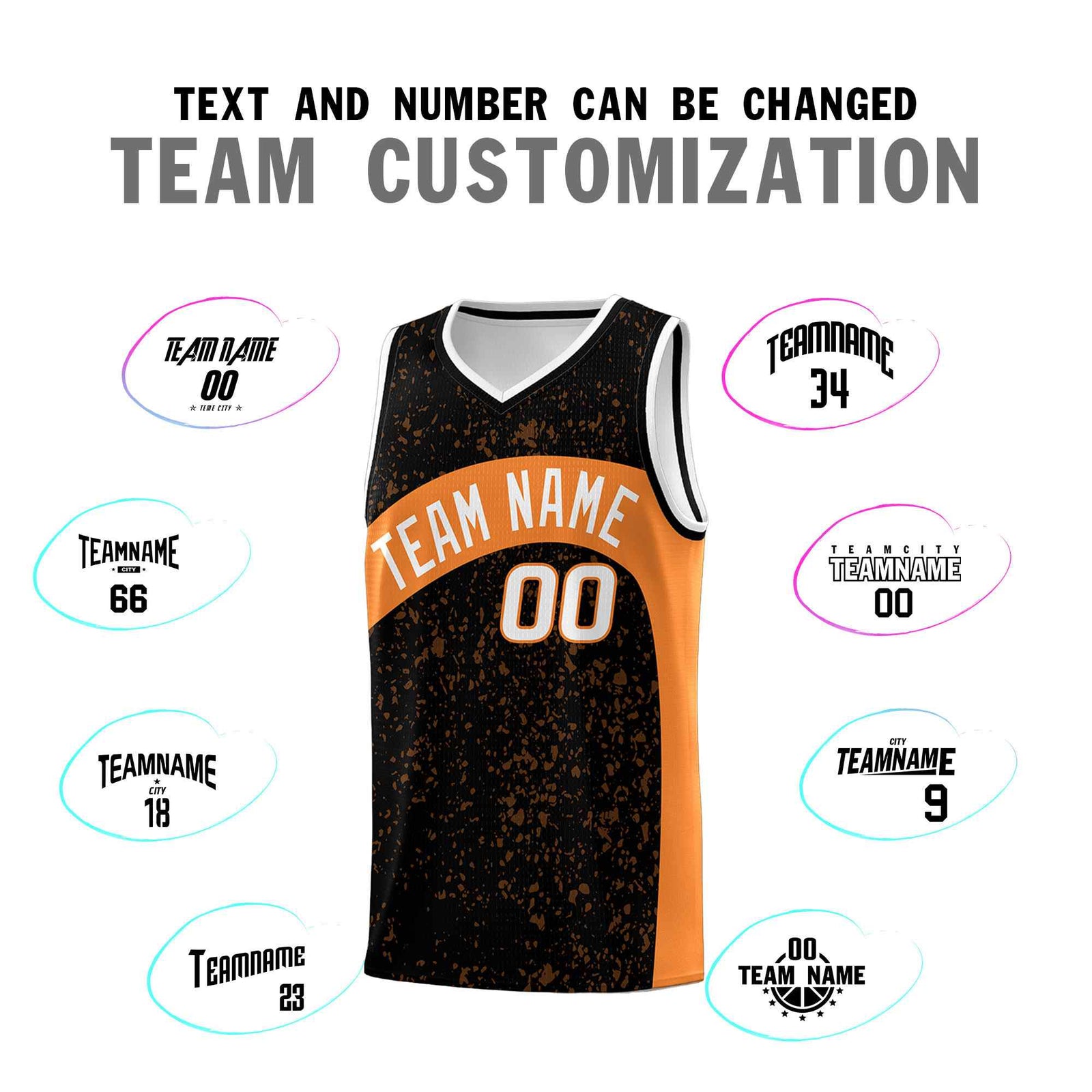 Custom Black Gold Orange Dot Graffiti Pattern Irregular Team Names Sports Uniform Basketball Jersey